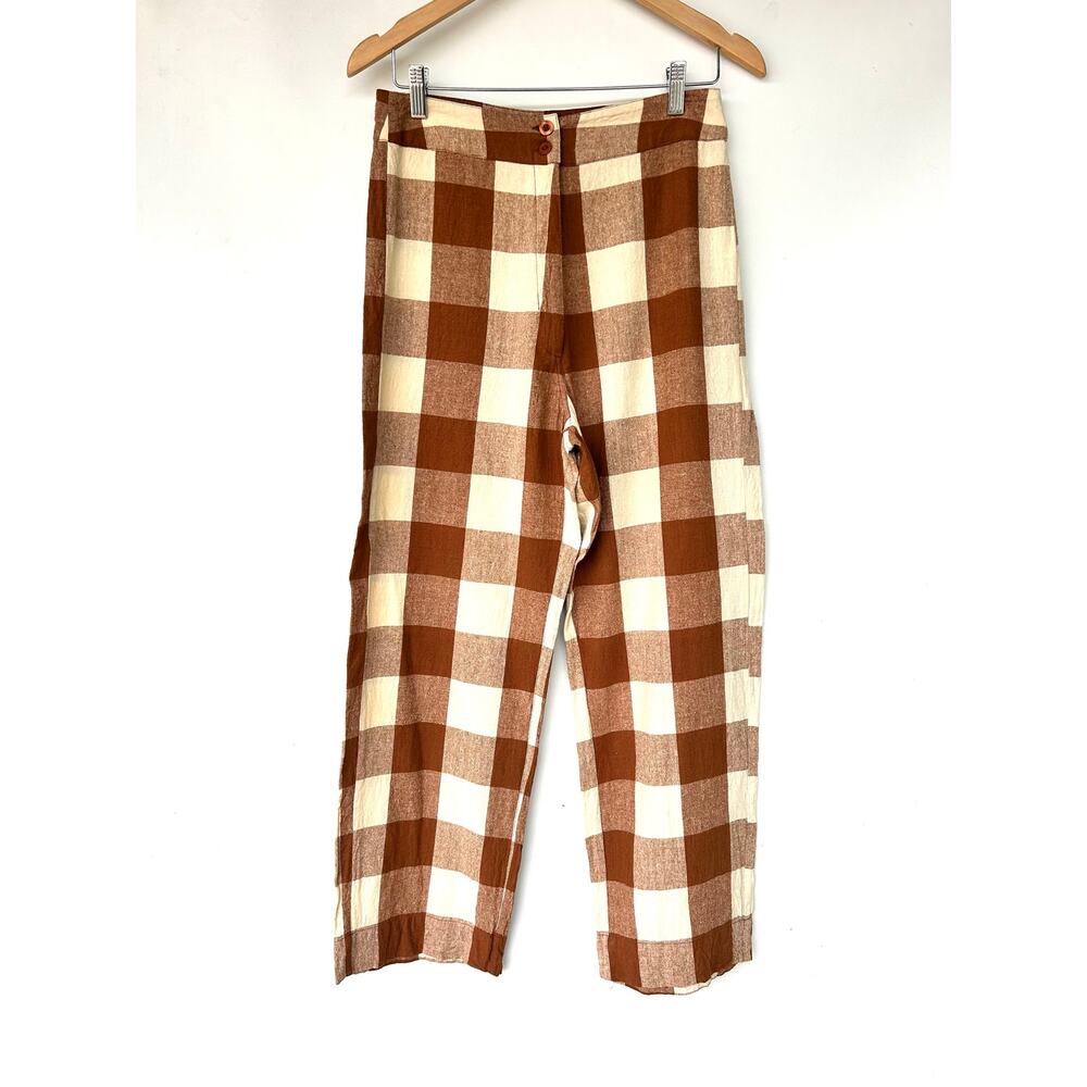 Ali Golden Silk Front Fly Plaid Pants Rust Cropped Wide Leg Medium Brown - Picture 3 of 9